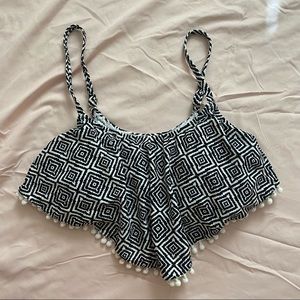 Black & White Flowy Aztec Print Pom Pom Bikini Top